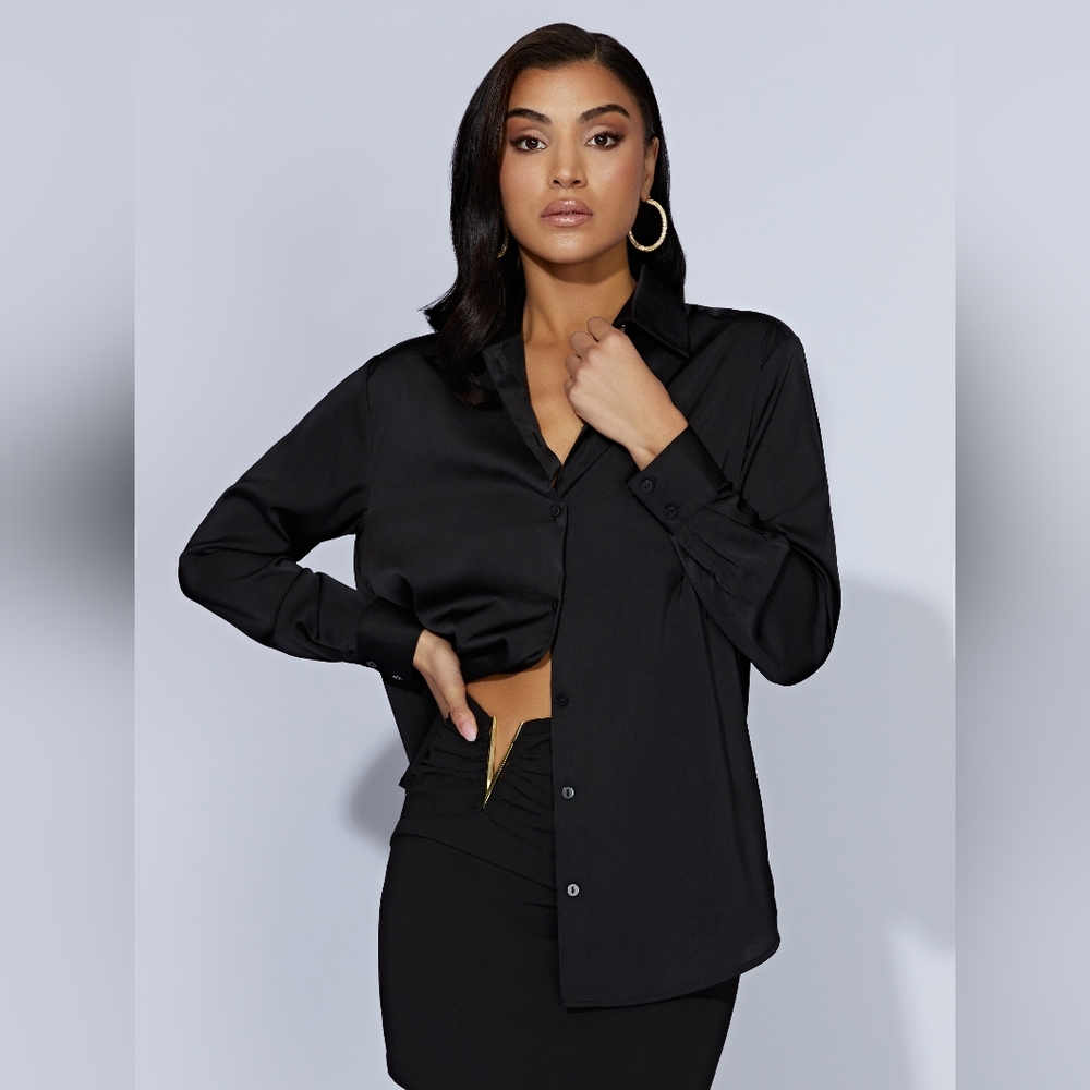 NWT Meshki Liliana Satin Button Up Long Sleeve Blouse Shirt Black Medium